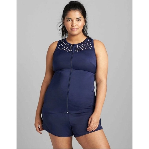 Lane Bryant Cacique Swim Top Women's Size 18 Navy Laser Cut Front Zip Sleeveless - Picture 7 of 7